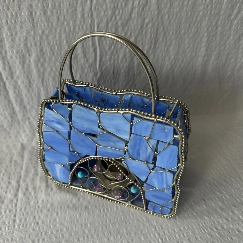 Vintage Blue Stained Glass Handbag Tea Light Holder Mosaic Purse Art Decor Boho